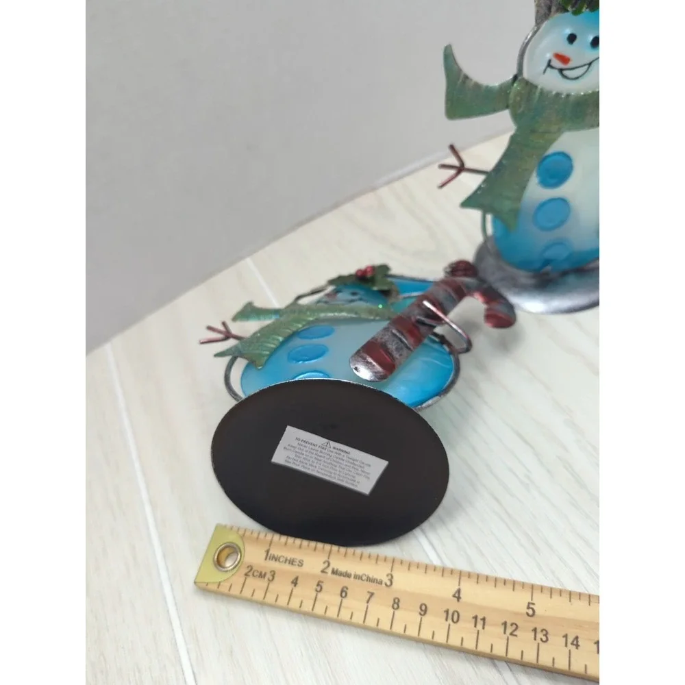 Blue white glass metal candy canes accents Snowman pair tea light candle holders